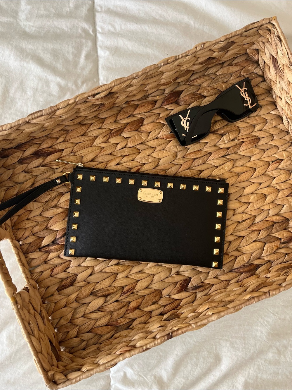 Michael Kors Black Wristlet with Gold Stud Accents